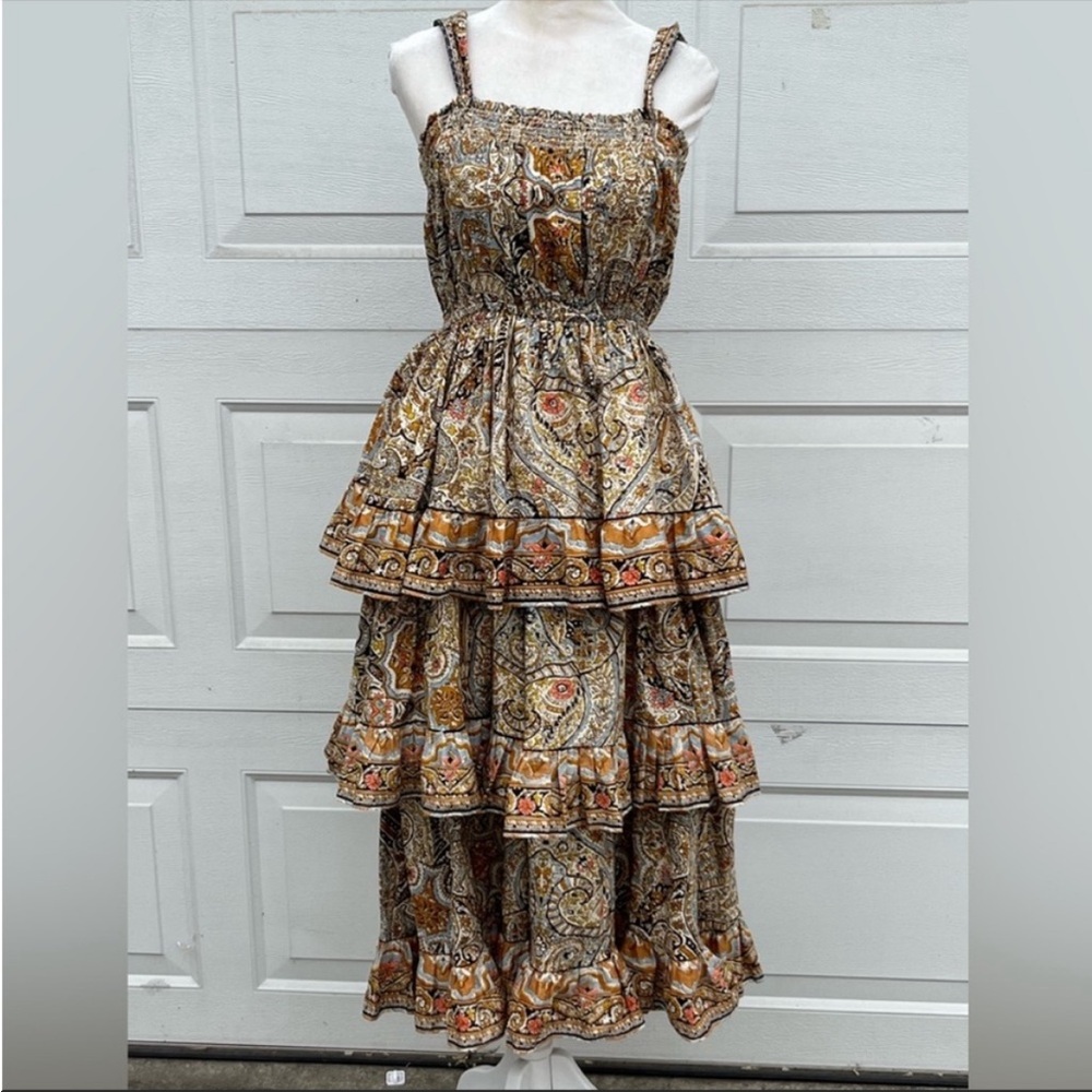 Cleobella Rosalie Brown Tan Kaleidoscope Ruffle Midi Dress Size Small